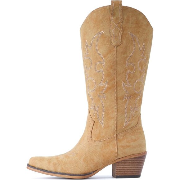 Women's Brown Western Cowgirl Boots Mid Calf Snip Toe Boot With Chunky Heel - Picture 4 of 6